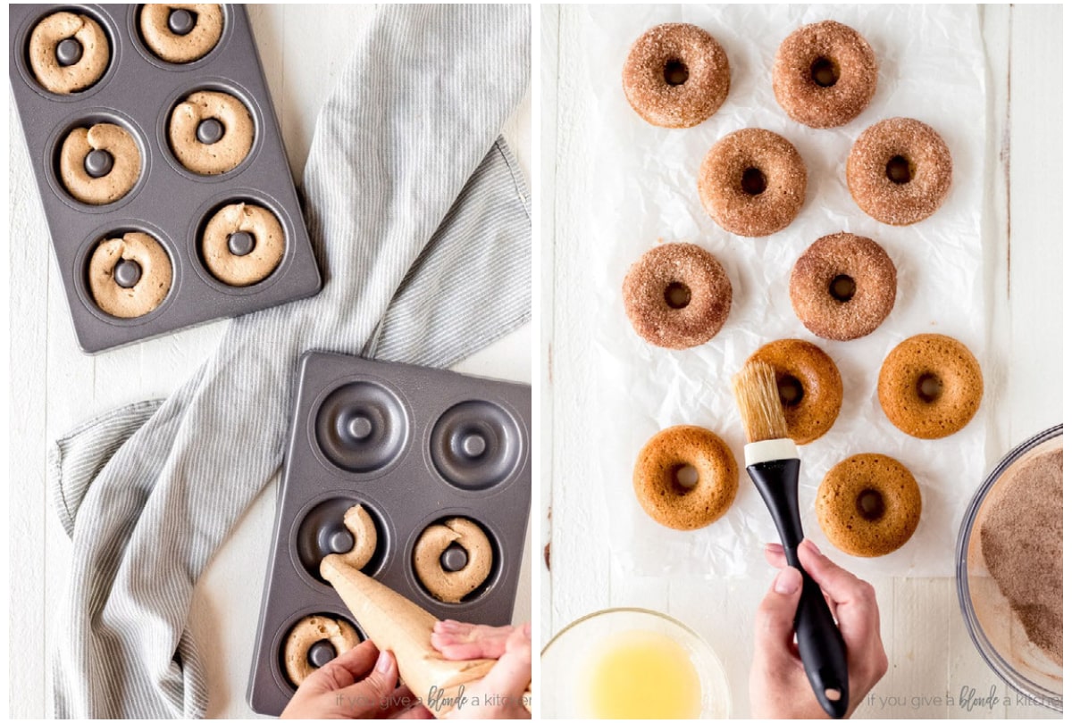 photo collage demonstrating how to fill donut pan with batter and how to brush donuts with butter