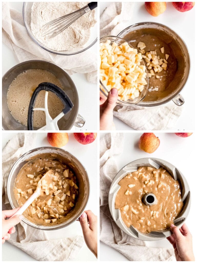 photo collage demonstrating how to make apple bundt cake batter in the bowl of a stand mixer