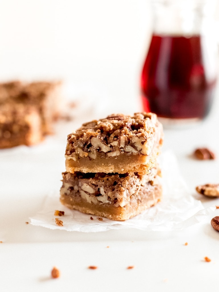 stack of two maple pecan bars with shortbread crust