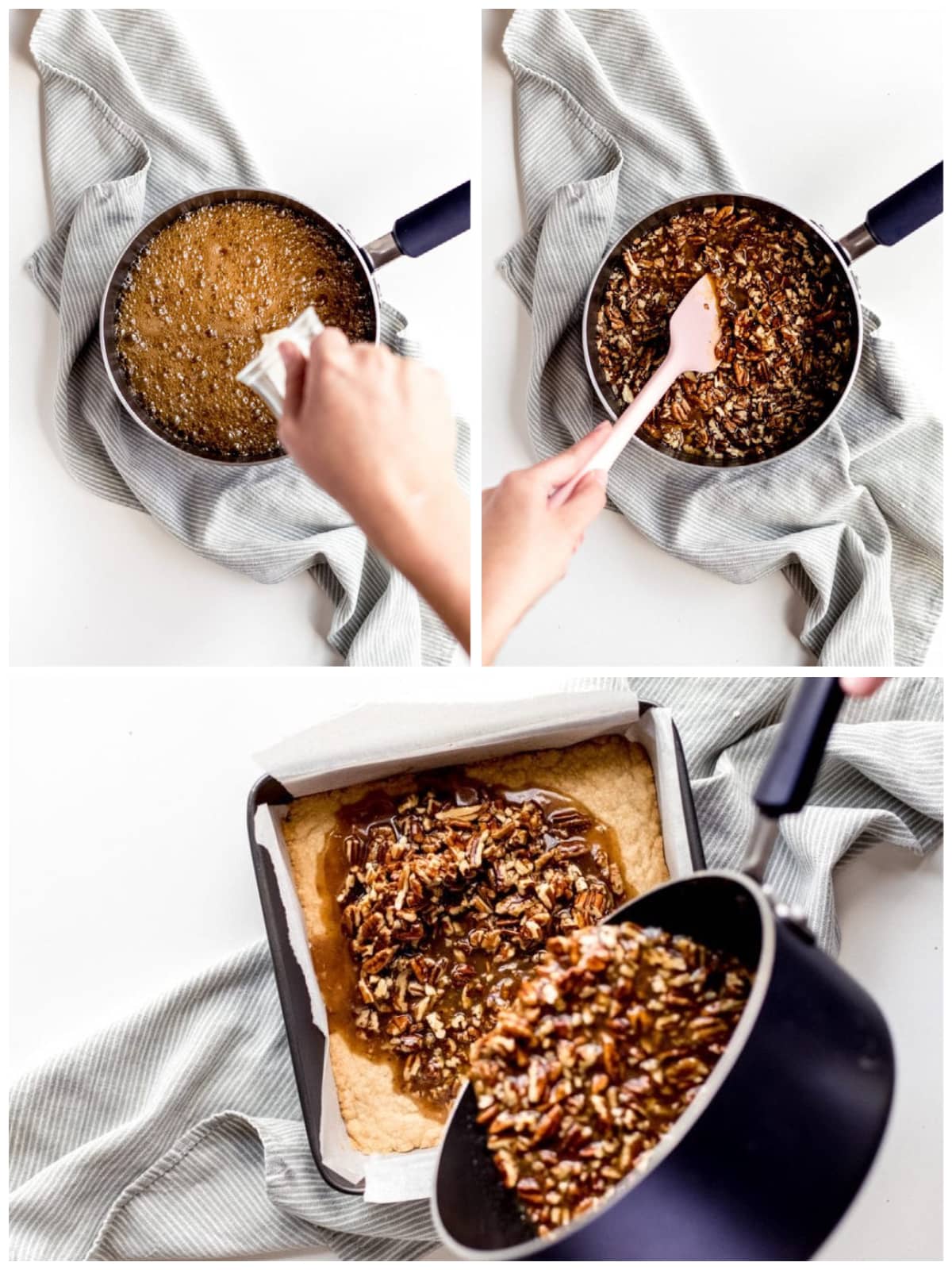 photo collage demonstrating how to make maple pecan filling in a saucepan