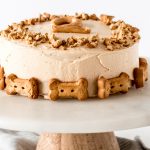 dog cake on marble cake stand with biscuits