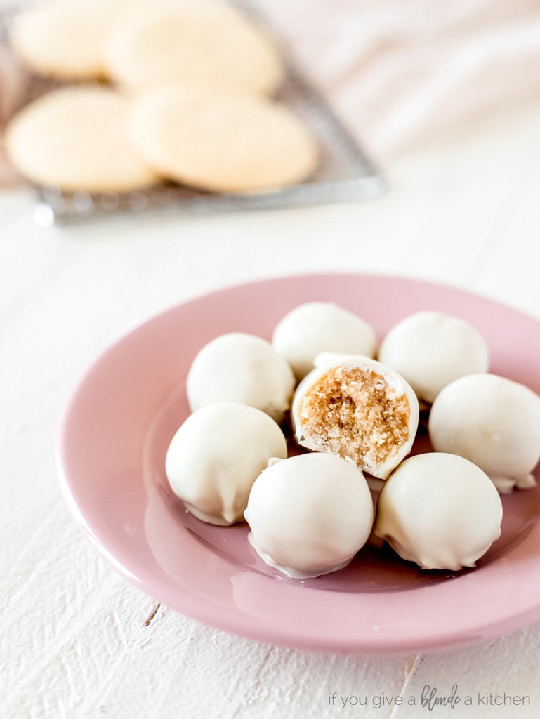 sugar cookie truffles on pink plate