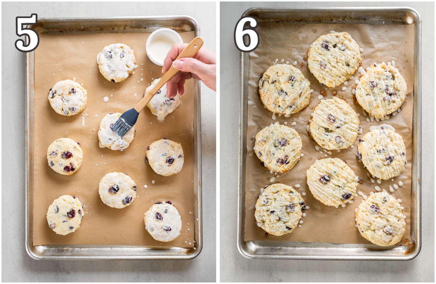 photo collage demonstrating how to brush unbaked scones with cream and drizzle orange glaze on baked scones.