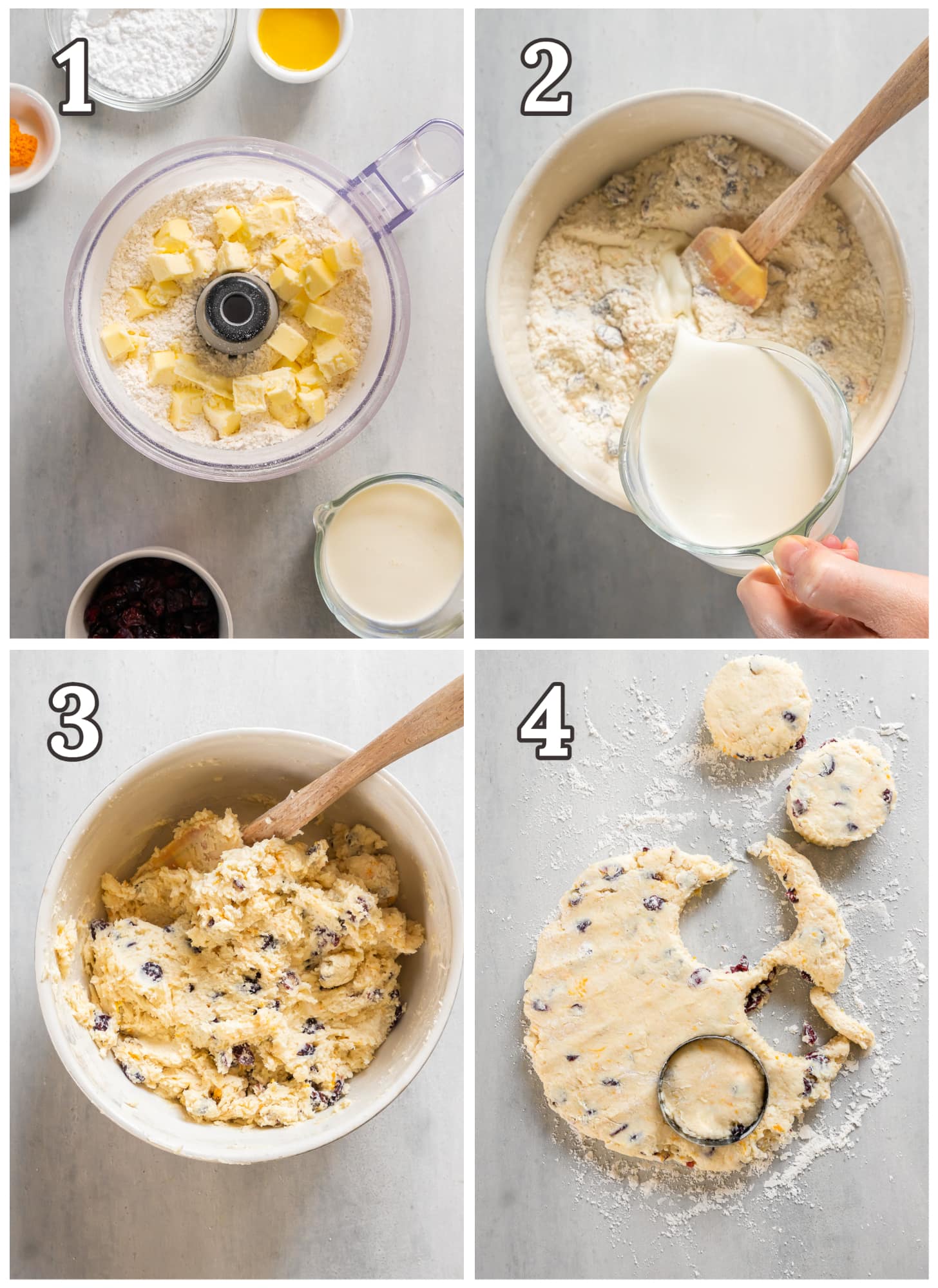 photo collage demonstrating how to make cranberry orange scone dough in a mixing bowl.