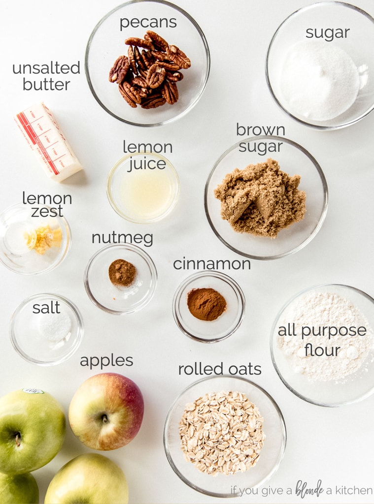 Apple crisp ingredients in bowls labeled with text.