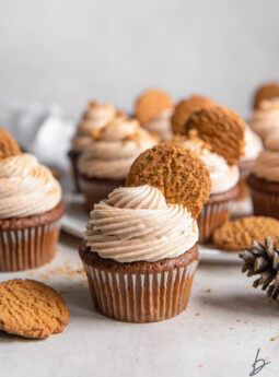 gingerbread cupcake topped with cinnamon cream cheese frosting and cookie garnish.