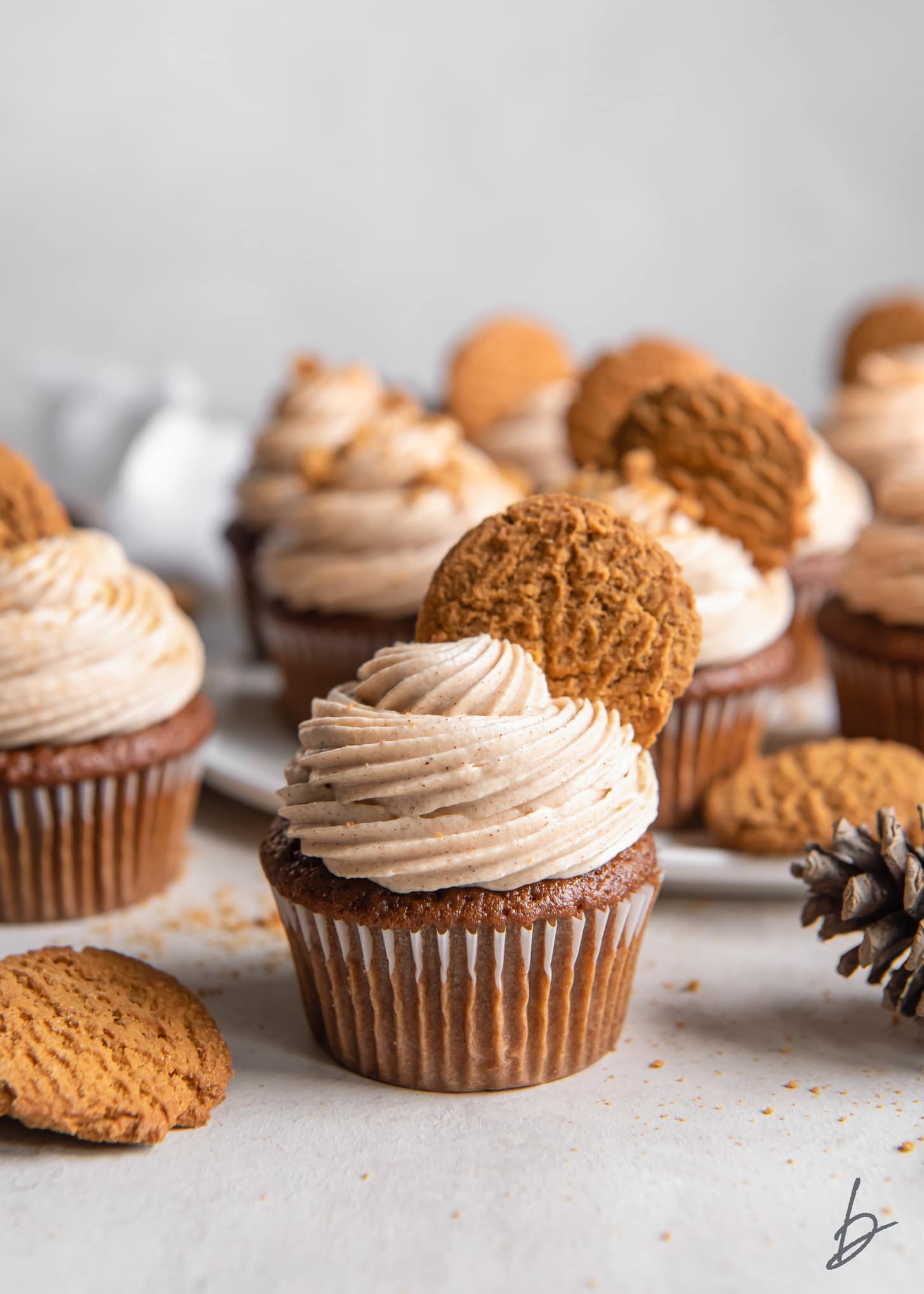 gingerbread cupcake topped with cinnamon cream cheese frosting and cookie garnish.