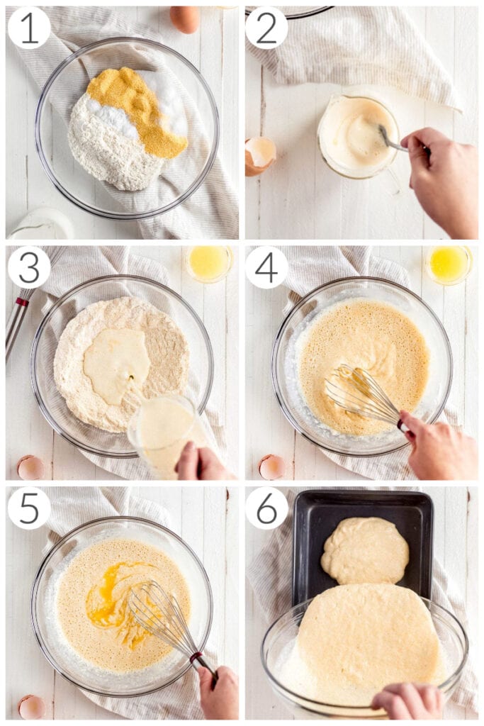 cornbread recipe step collage showing ingredients mixed together in glass bowl