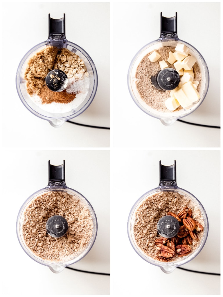 Photo collage demonstrating how to make apple crisp topping in a food processor.