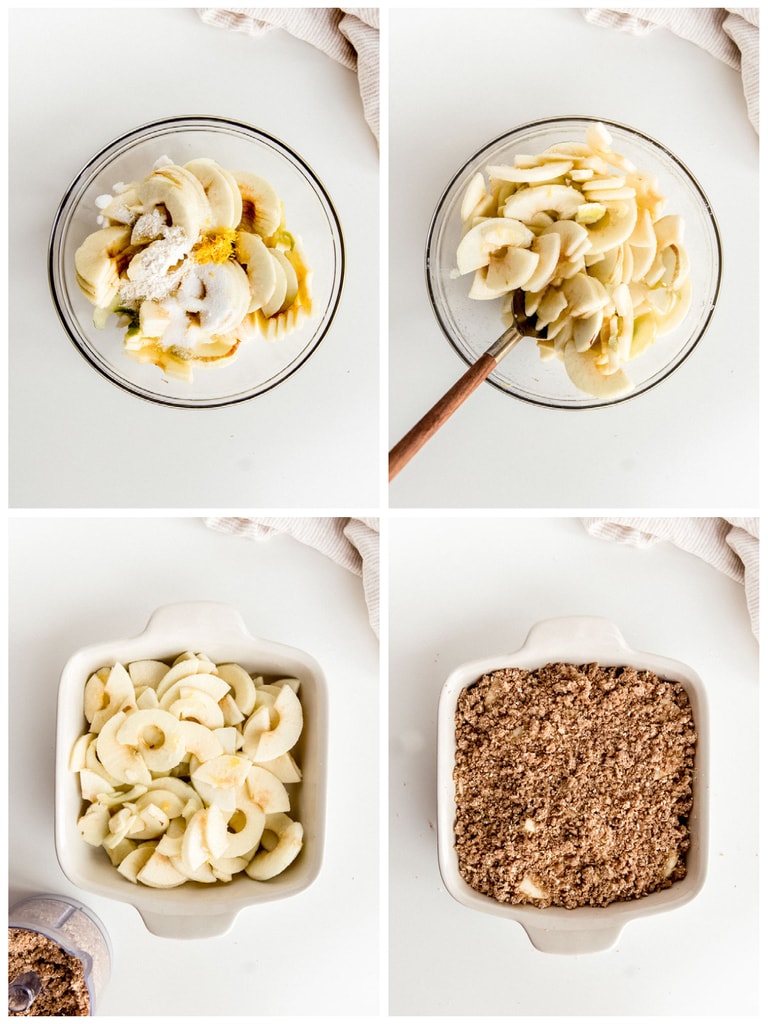 photo collage demonstrating how to prepare apple for apple crisp