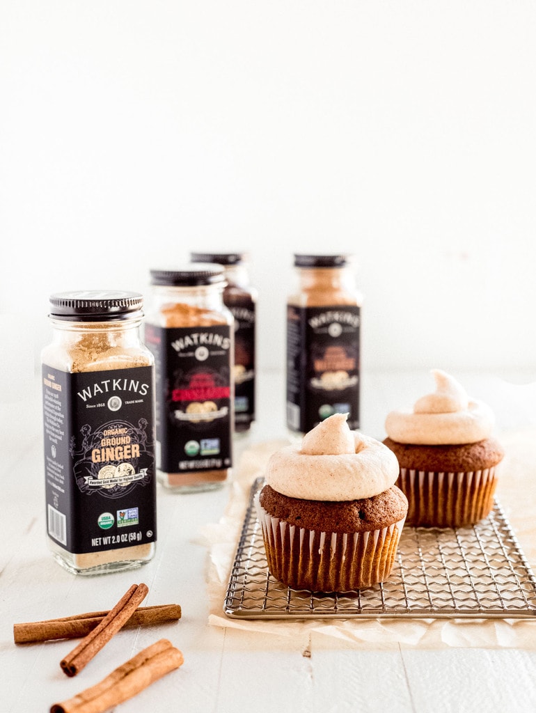two gingerbread cupcakes with Watkins baking spices