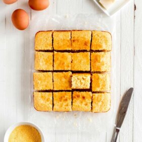 square cut northern cornbread with butter, eggs and yellow cornmeal