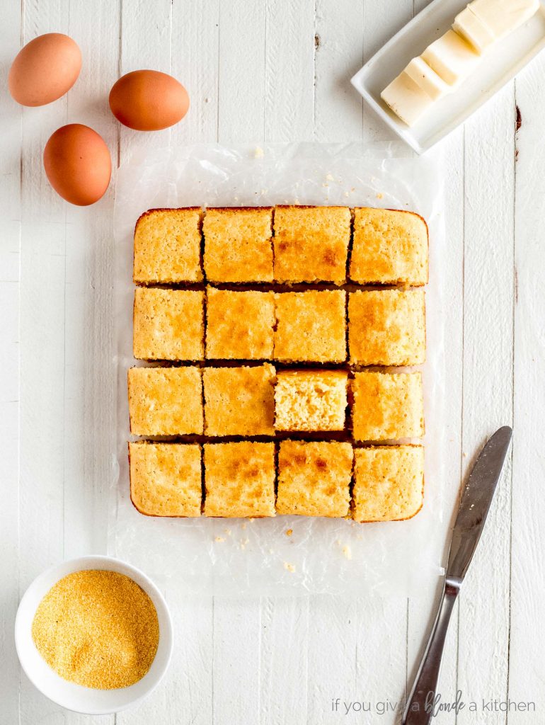 square cut northern cornbread with butter, eggs and yellow cornmeal