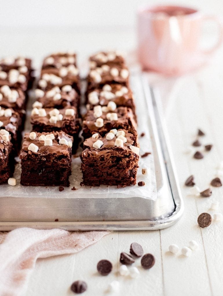 hot chocolate brownies with mini marshmallows on baking pan