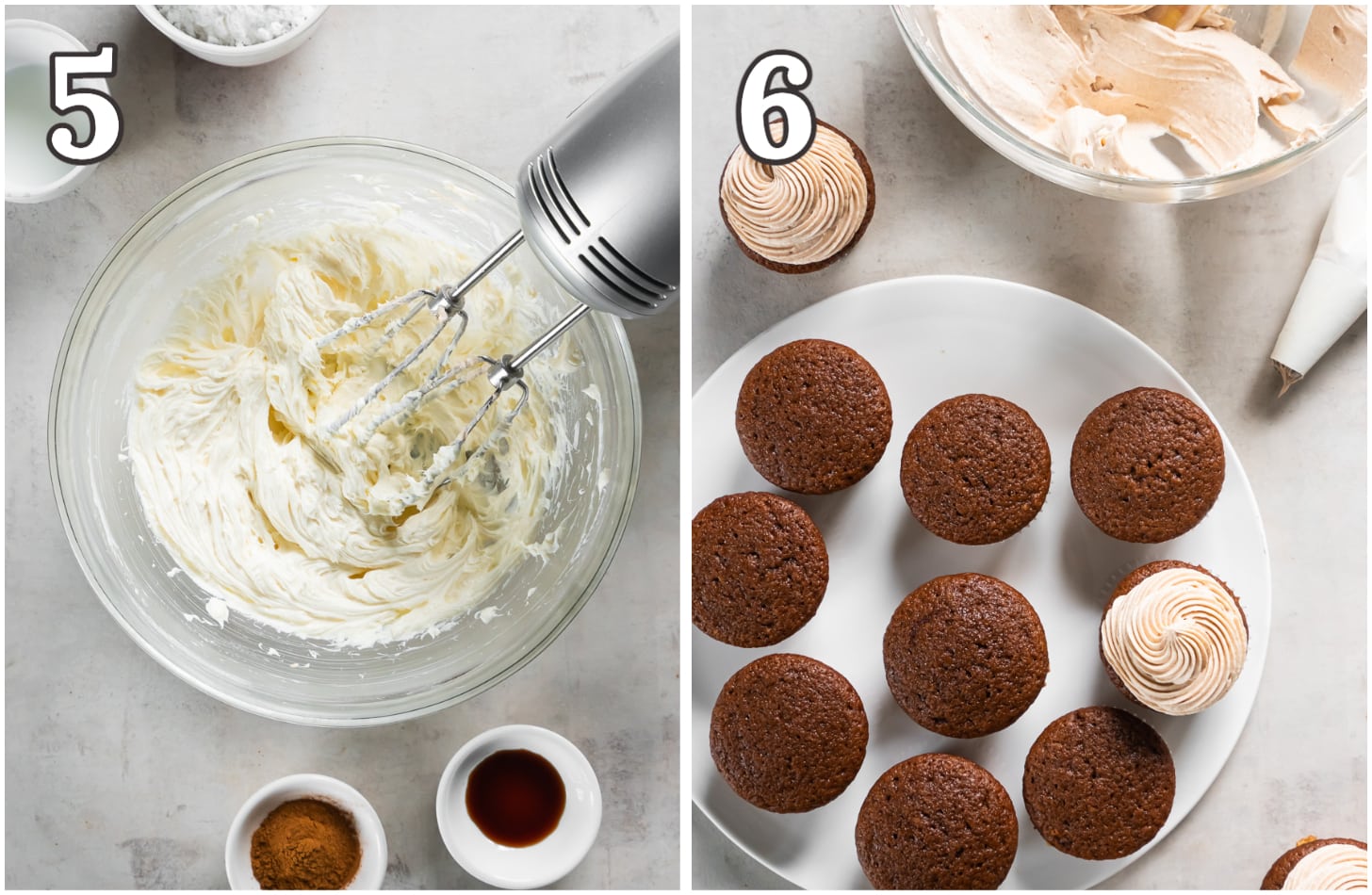 photo collage demonstrating how to make cinnamon cream cheese frosting for gingerbread cupcakes.
