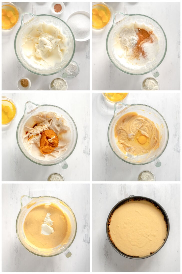 photo collage demonstrating how to make pumpkin cheesecake in a mixing bowl