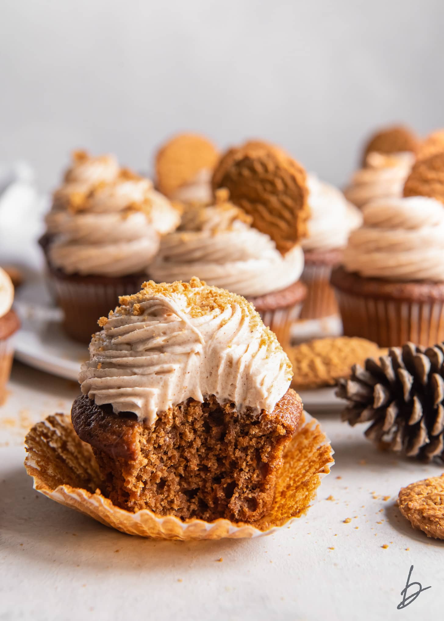 gingerbread cupcake with a bite sitting on open paper liner.