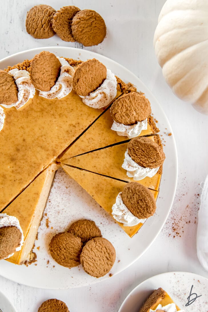 pumpkin cheesecake with gingersnap crust on round white plate with a couple slices taken out