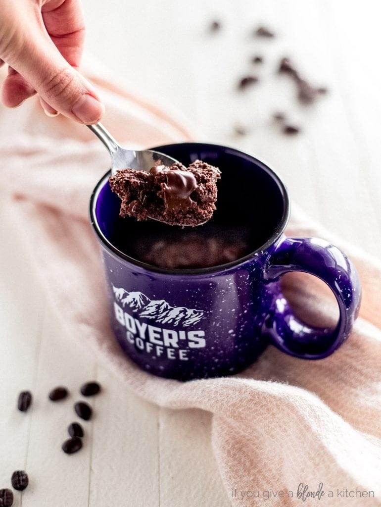 hand holding spoon with double chocolate chip cookie. Blue mug with cookie inside