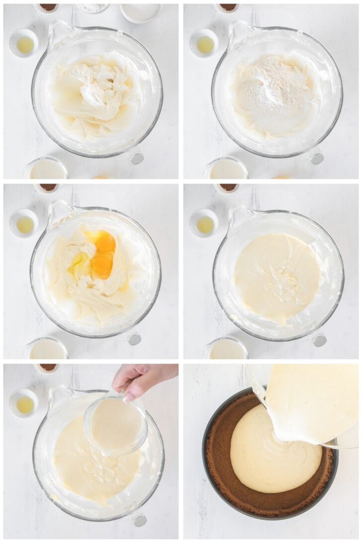 photo collage demonstrating how to make eggnog cheesecake filling in a stand mixer