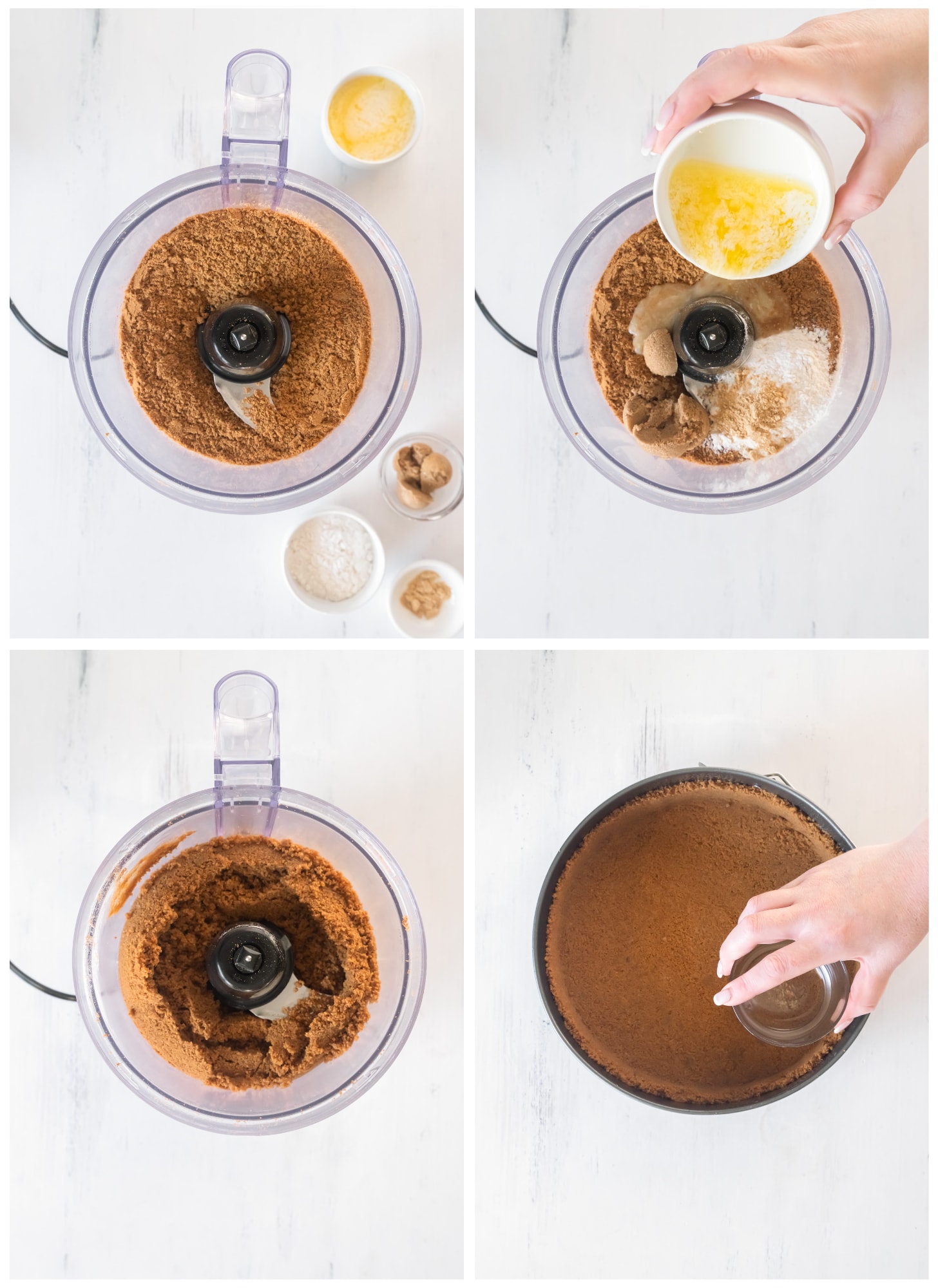 photo collage demonstrating how to make gingersnap crust in a food processor and springform pan.