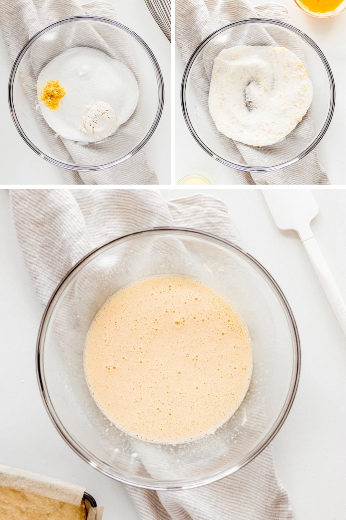 photo collage demonstrating how to make filling for lemon bars