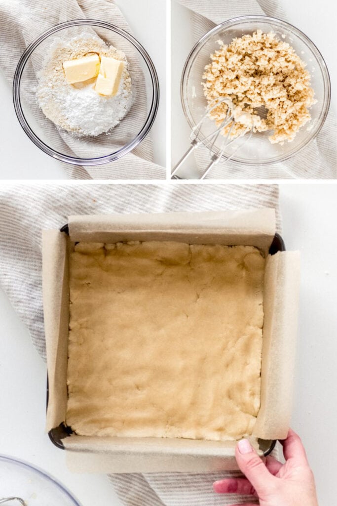 photo collage demonstrating how to make shortbread crust for lemon bars