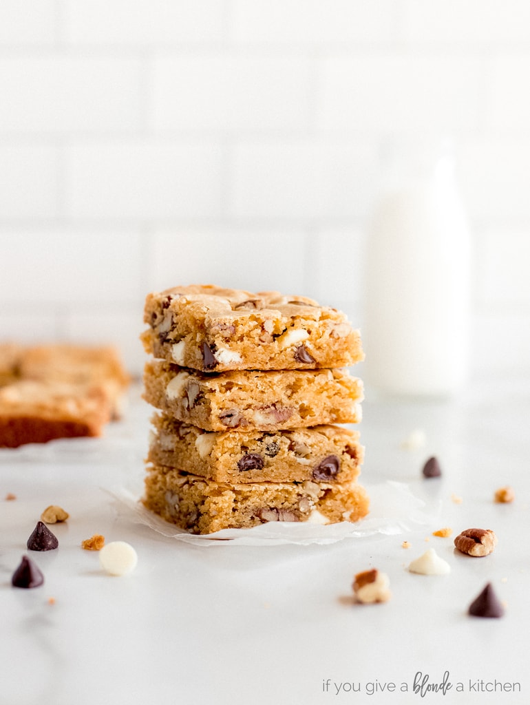 stack of four blondies squares with chocolate chips