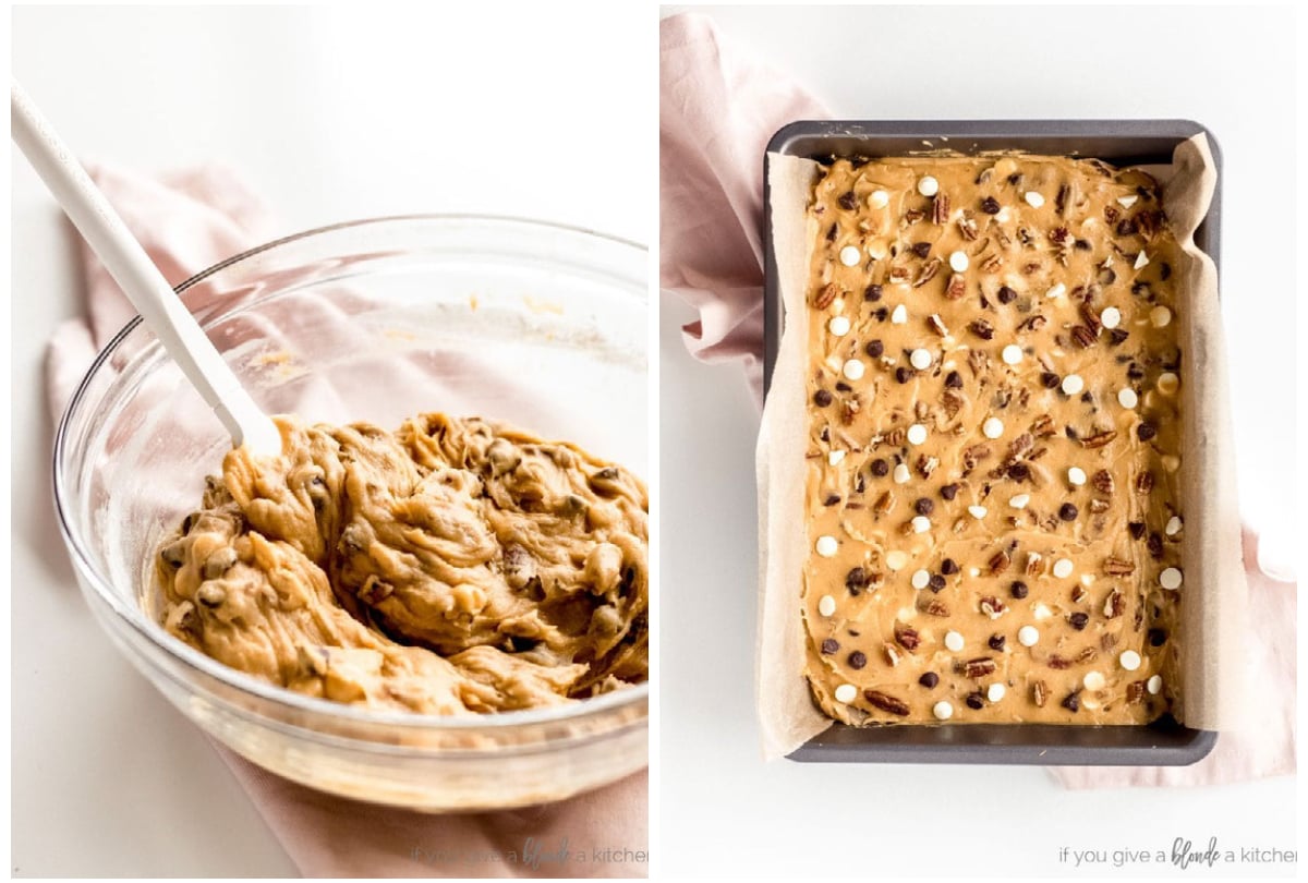 two photo collage showing blondies batter in a mixing bowl and spread in a 9x13 pan