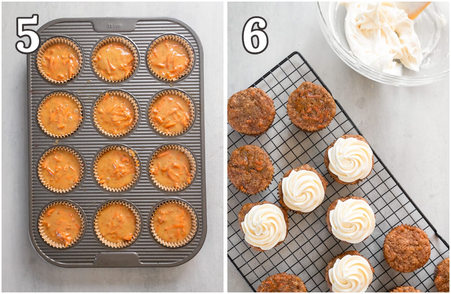 two photo collage showing carrot cake cupcakes before and after baking with cream cheese frosting.