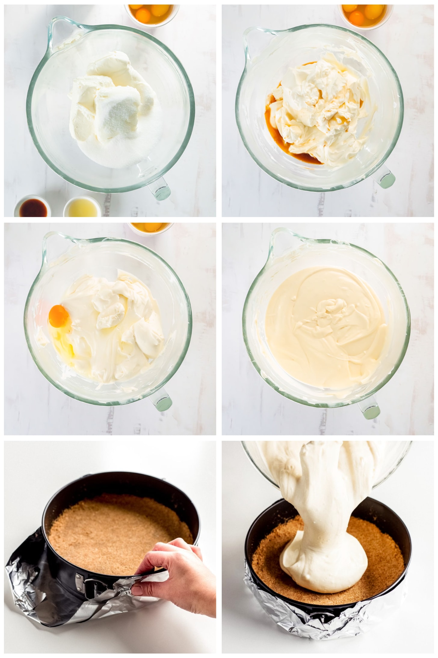 photo collage demonstrating how to make cheesecake filling in a mixing bowl and adding it to a 9-inch springform pan