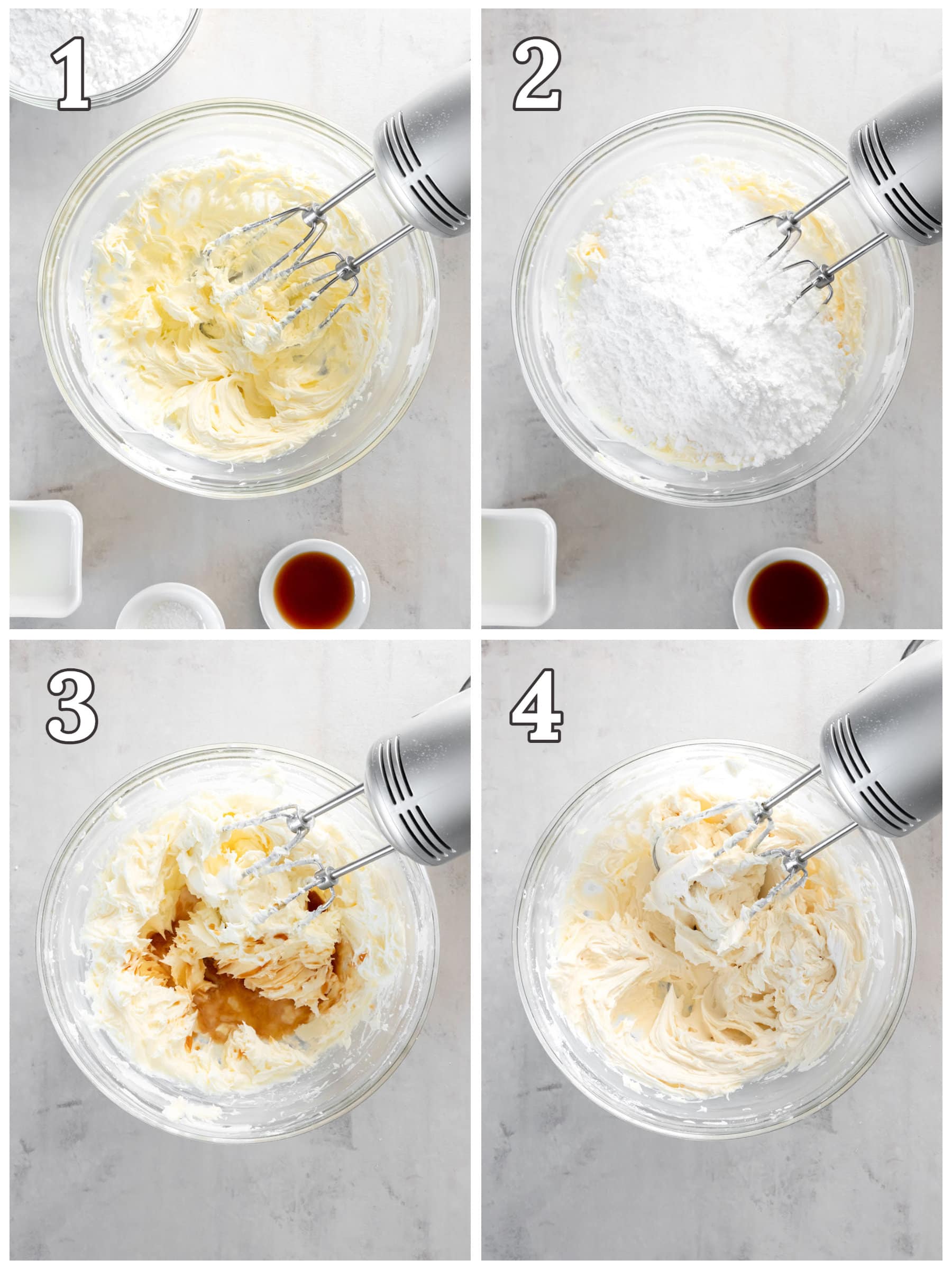 photo collage demonstrating how to make buttercream frosting in a mixing bowl with a hand mixer.
