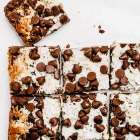 magic cookie bars but into squares with corner piece pulled away
