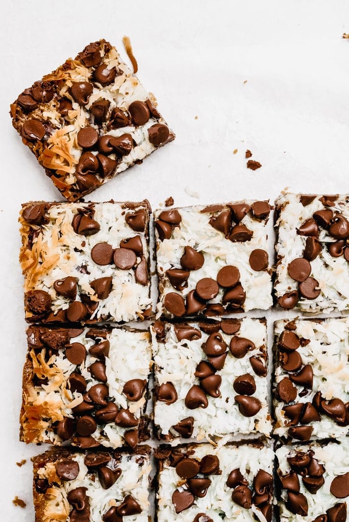 magic cookie bars but into squares with corner piece pulled away