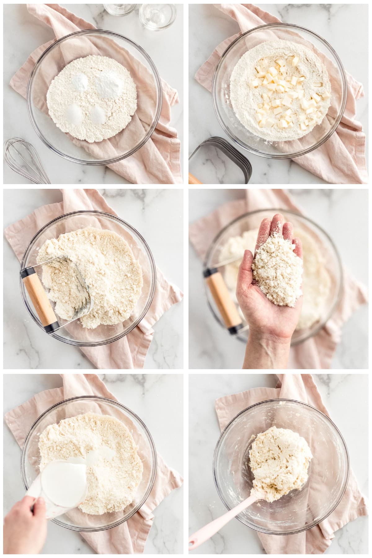 photo collage demonstrating how to make buttermilk biscuit dough