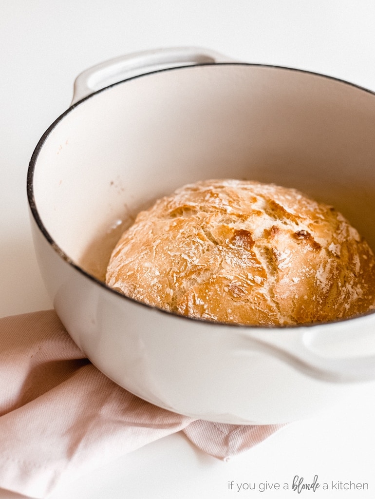 no knead bread loaf in enameled dutch oven
