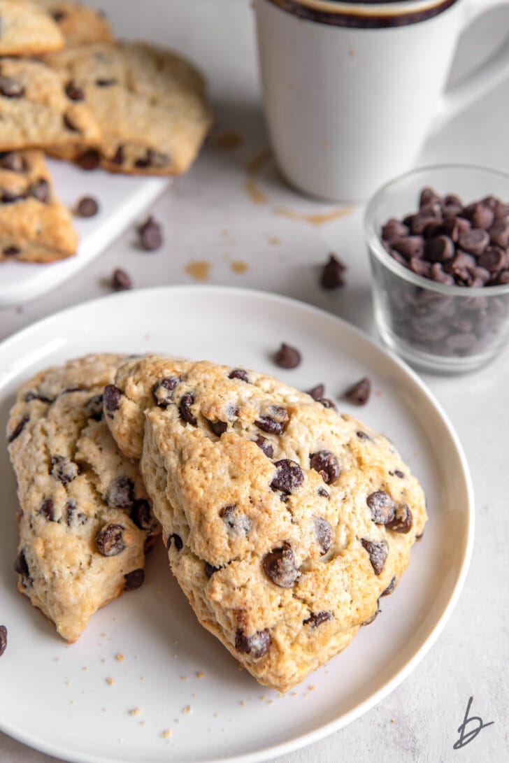 two chocolate chip scones on white round plate