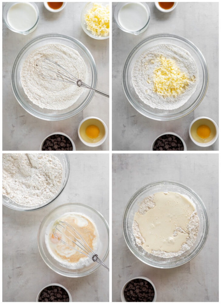 photo collage demonstrating how to make scone dough in a mixing bowl