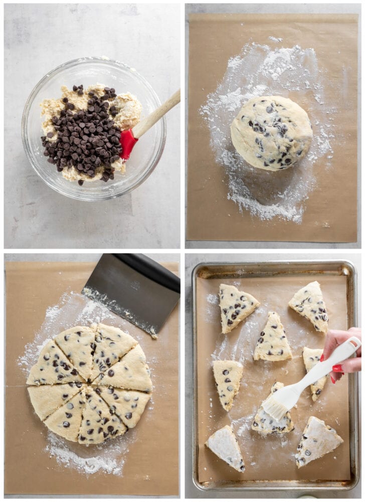 photo collage demonstrating how to shape and cut chocolate chip scone dough