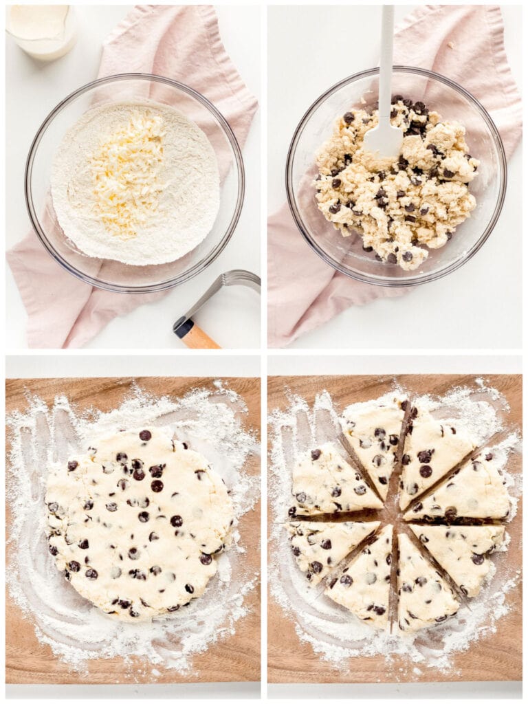 photo collage demonstrating how to make and shape chocolate chip scone dough