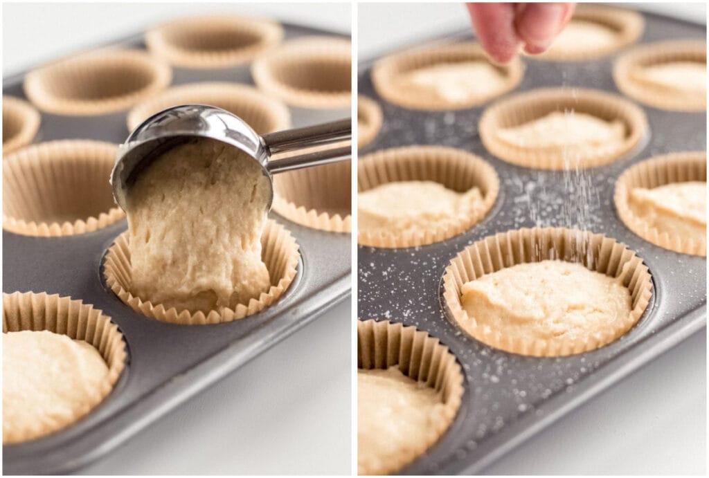 photo collage demonstrating how to add plain muffin batter to a muffin tin using an ice cream scoop