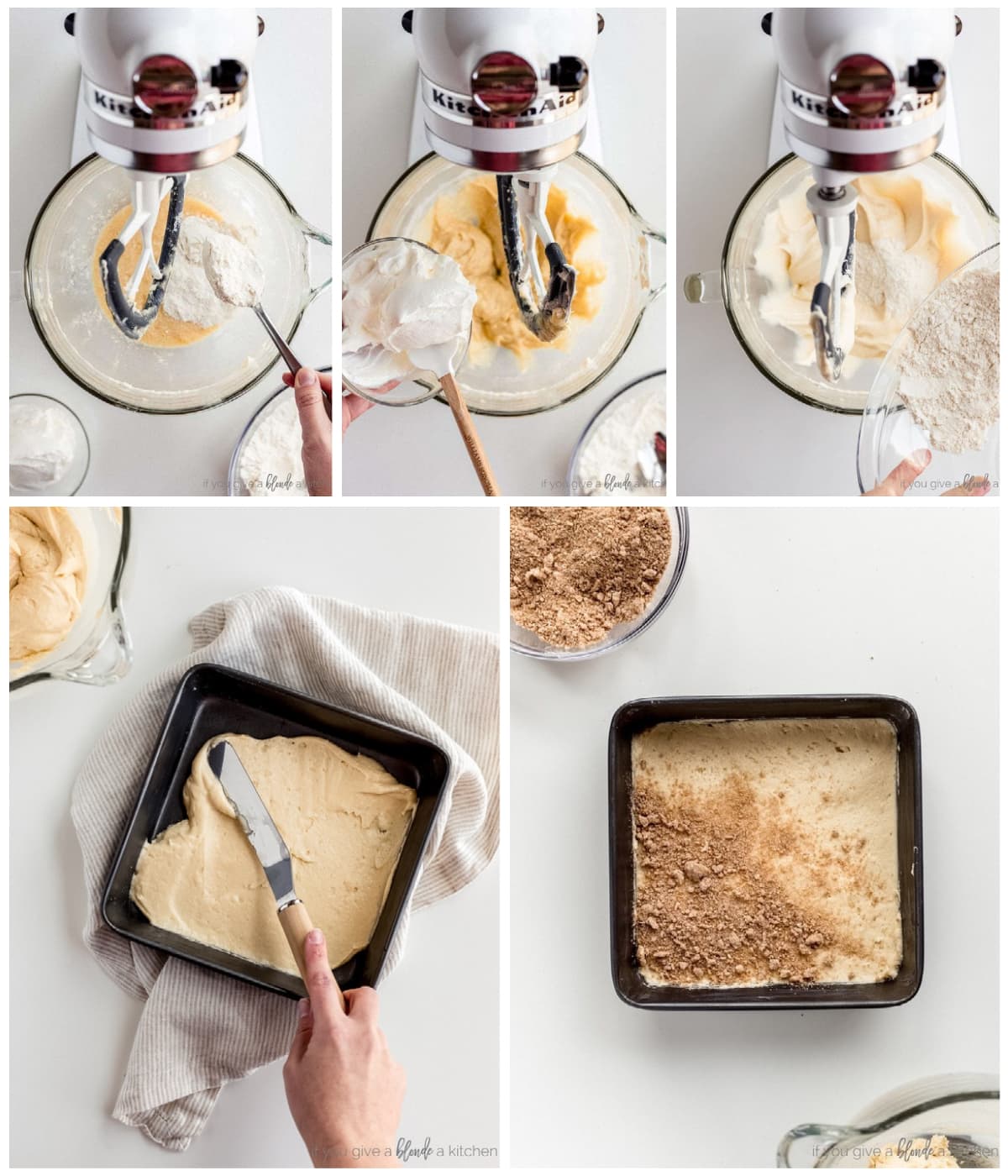 photo collage demonstrating how to make sour cream coffee cake with streusel filling
