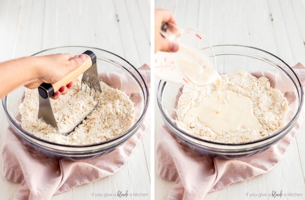 pastry blender in bowl of flour and butter; cream poured into bowl