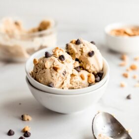 bowl of banana ice cream scoops and chocolate chips