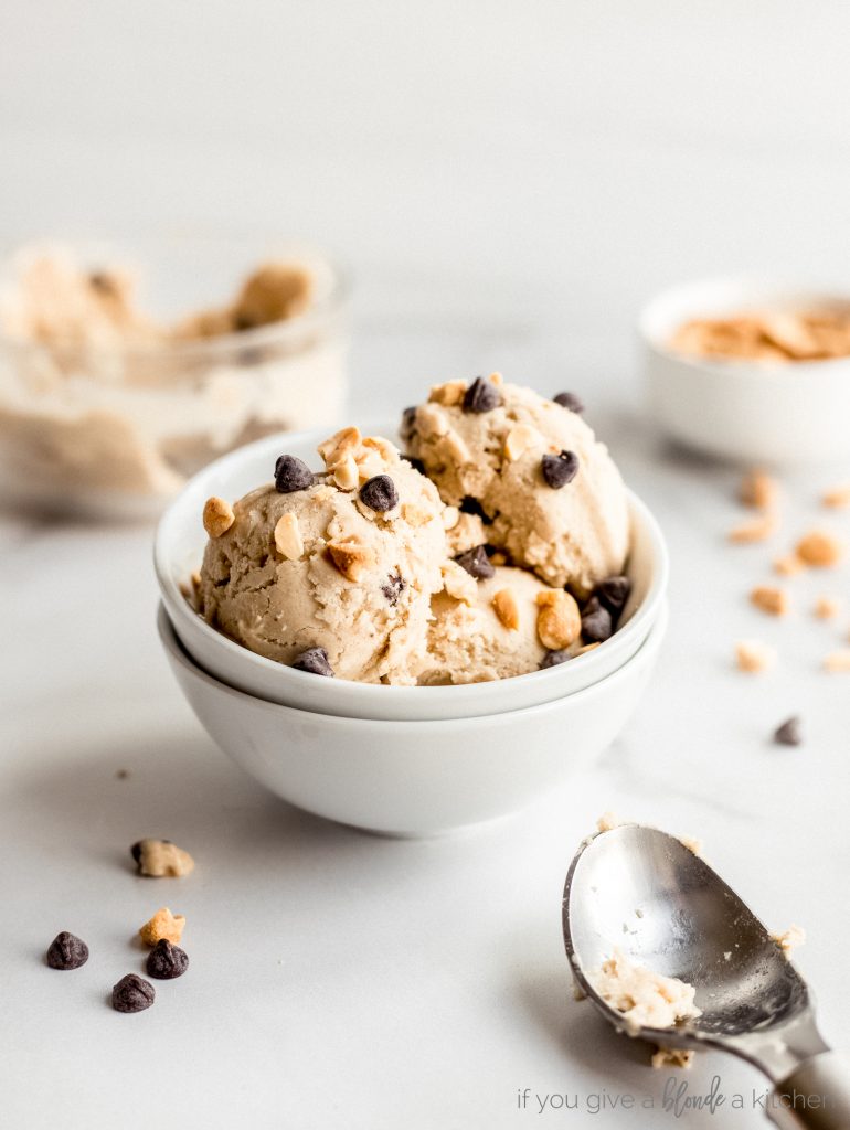 bowl of banana ice cream scoops and chocolate chips