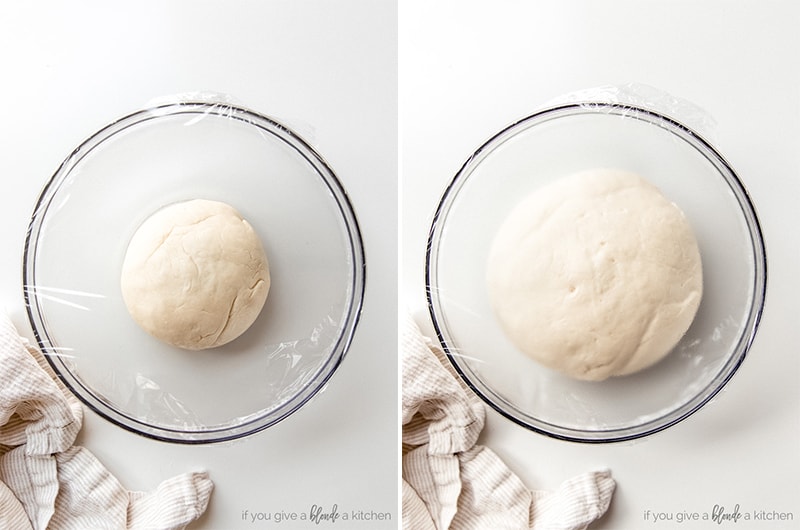before and after photos of bagel dough rising in glass bowl