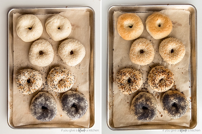 before and after baking homemade bagels on baking sheet