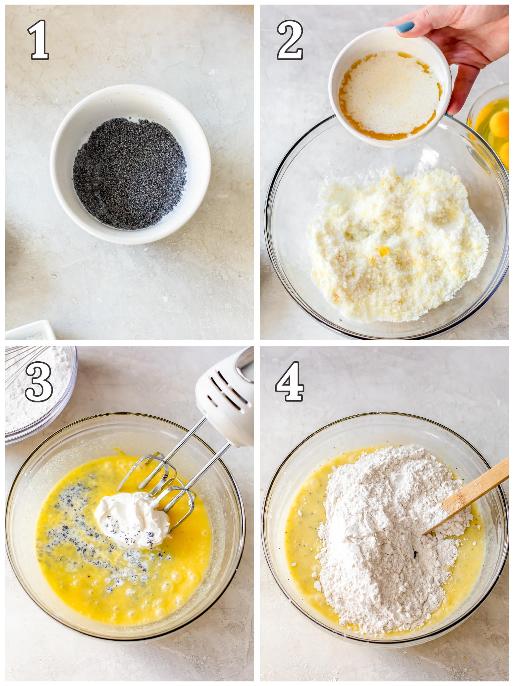 photo collage demonstrating how to make lemon poppy seed bread in a mixing bowl.
