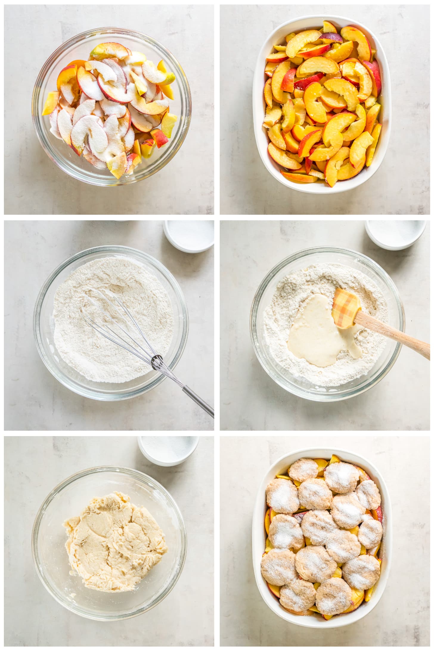 photo collage demonstrating how to make peach cobbler in a casserole dish
