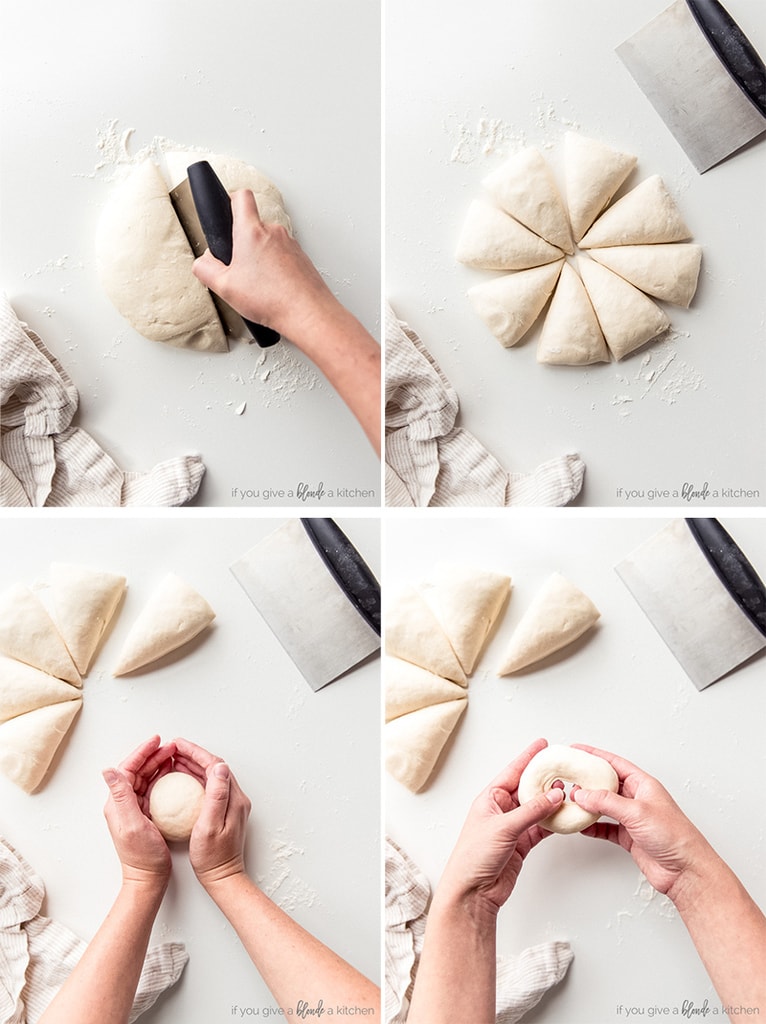 four photos demonstrating how to cut and shape dough for homemade bagels